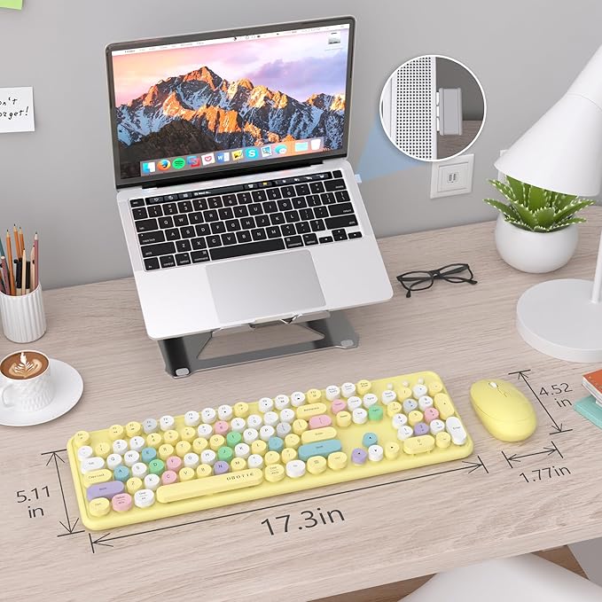 UBOTIE Colorful Computer Wireless Keyboard Mouse Combos, Typewriter Flexible Keys Office Full-Sized Keyboard, 2.4GHz Dropout-Free Connection and Optical Mouse (Yellow-Polychrome)