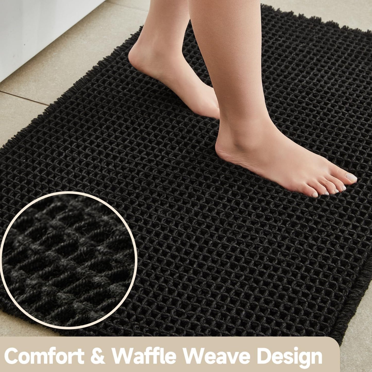 Black Bathroom Rug, Waffle Bath Mat Non Slip Washable Super Absorbent Quick Dry Boho Farmhouse Bathroom Decor, 48"x24" Black