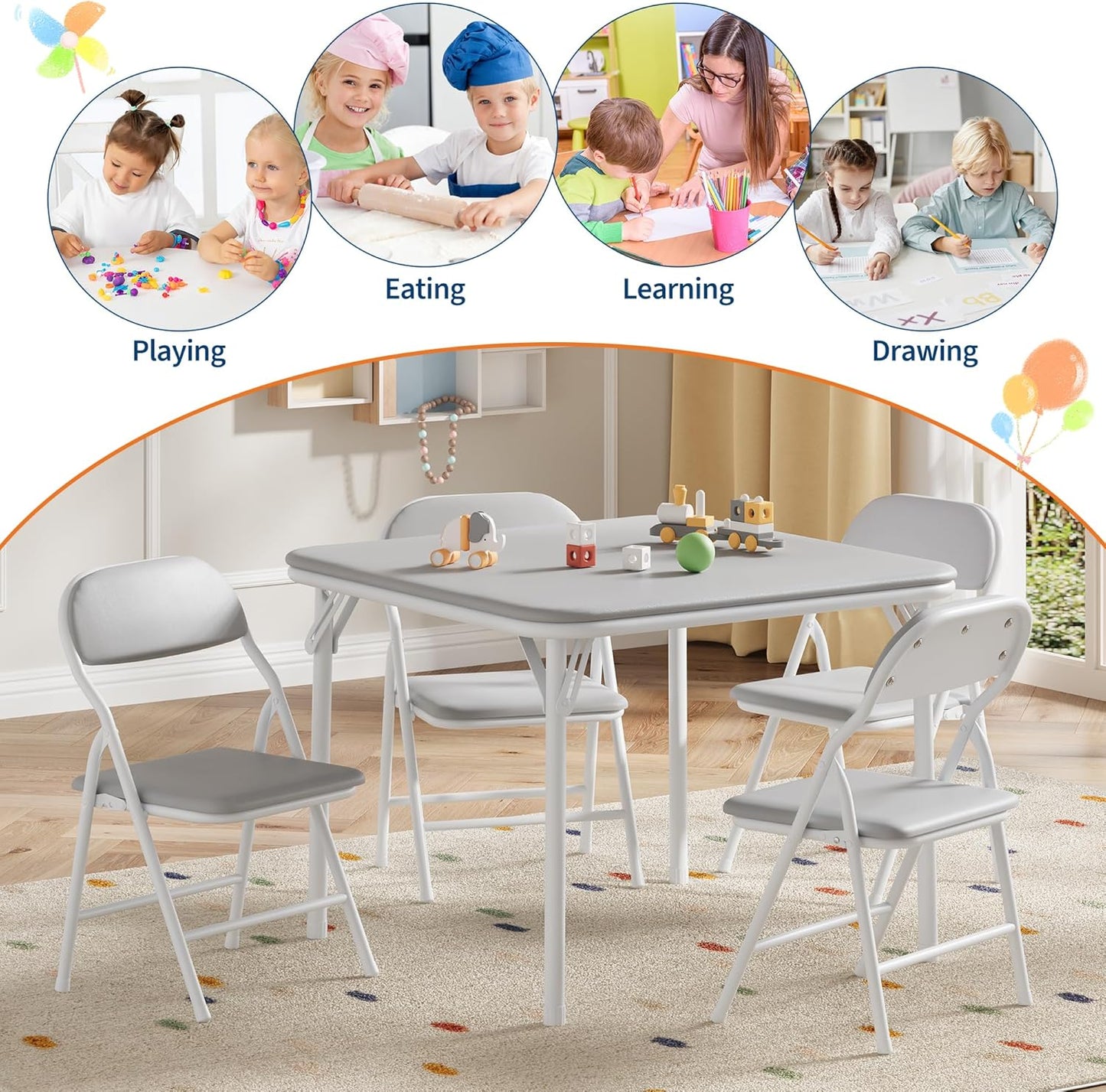 GarveeHome 5-Piece Kids Folding Table and Chairs Set, Toddlers Children's Activity Table and Chairs Set for Dining Room,Daycare,Classrooms