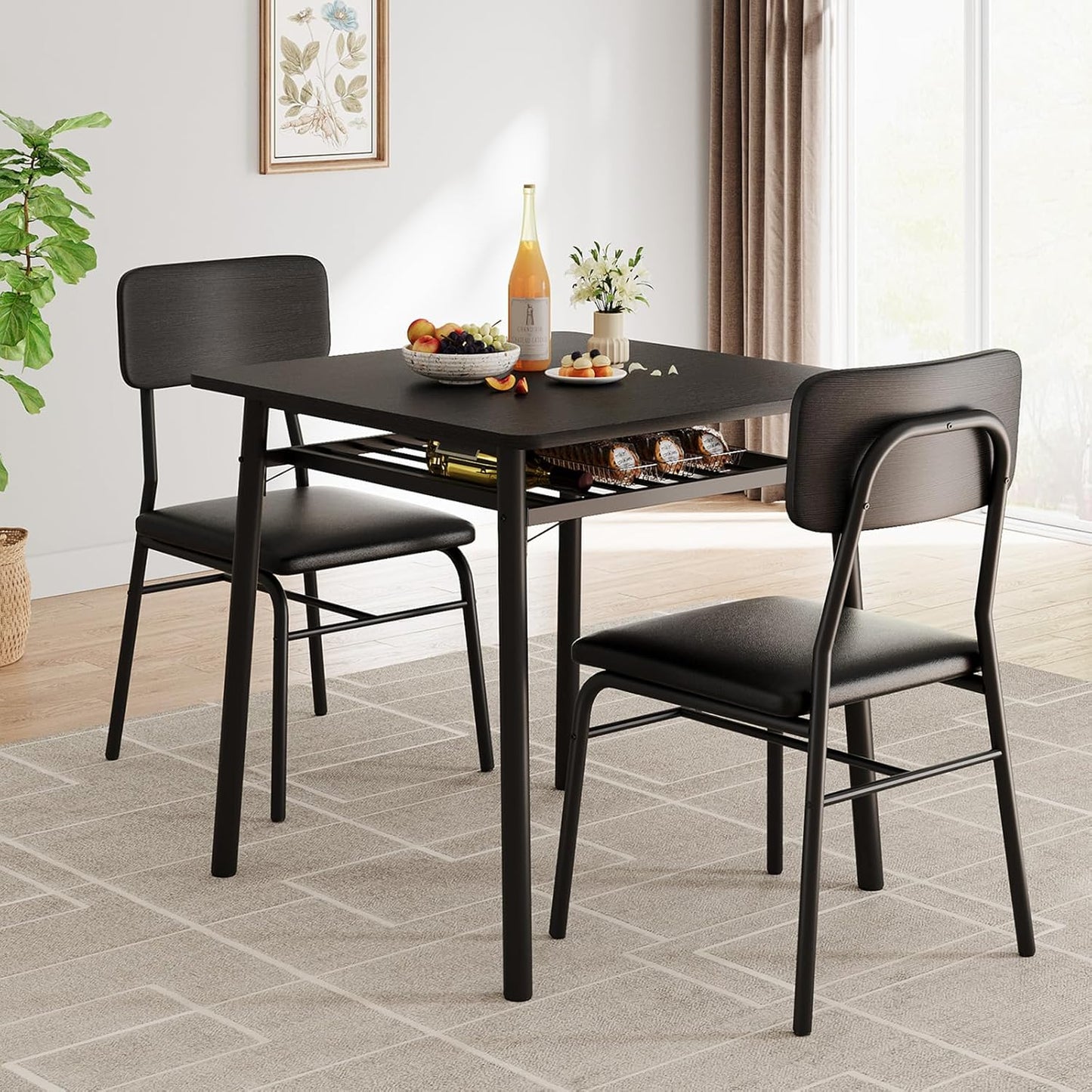 3-Piece Dining Table Set for 2, Wood Kitchen Table Set with Built-in Storage Rack,Small Kitchen Table with Upholstered Chairs and Metal Frame for Small Spaces，Black Wood Grain Color