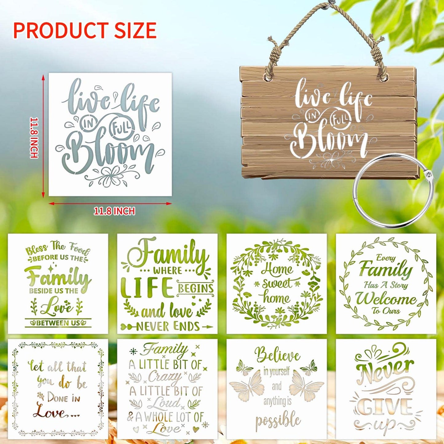 16 Pieces Inspirational Word Stencils Kit Large Motivational Stencil Reusable Phrase Word Template Family Sign Stencils for Painting on Wood, Porch, Front Door, Home Decor(11.8x11.8Inch)