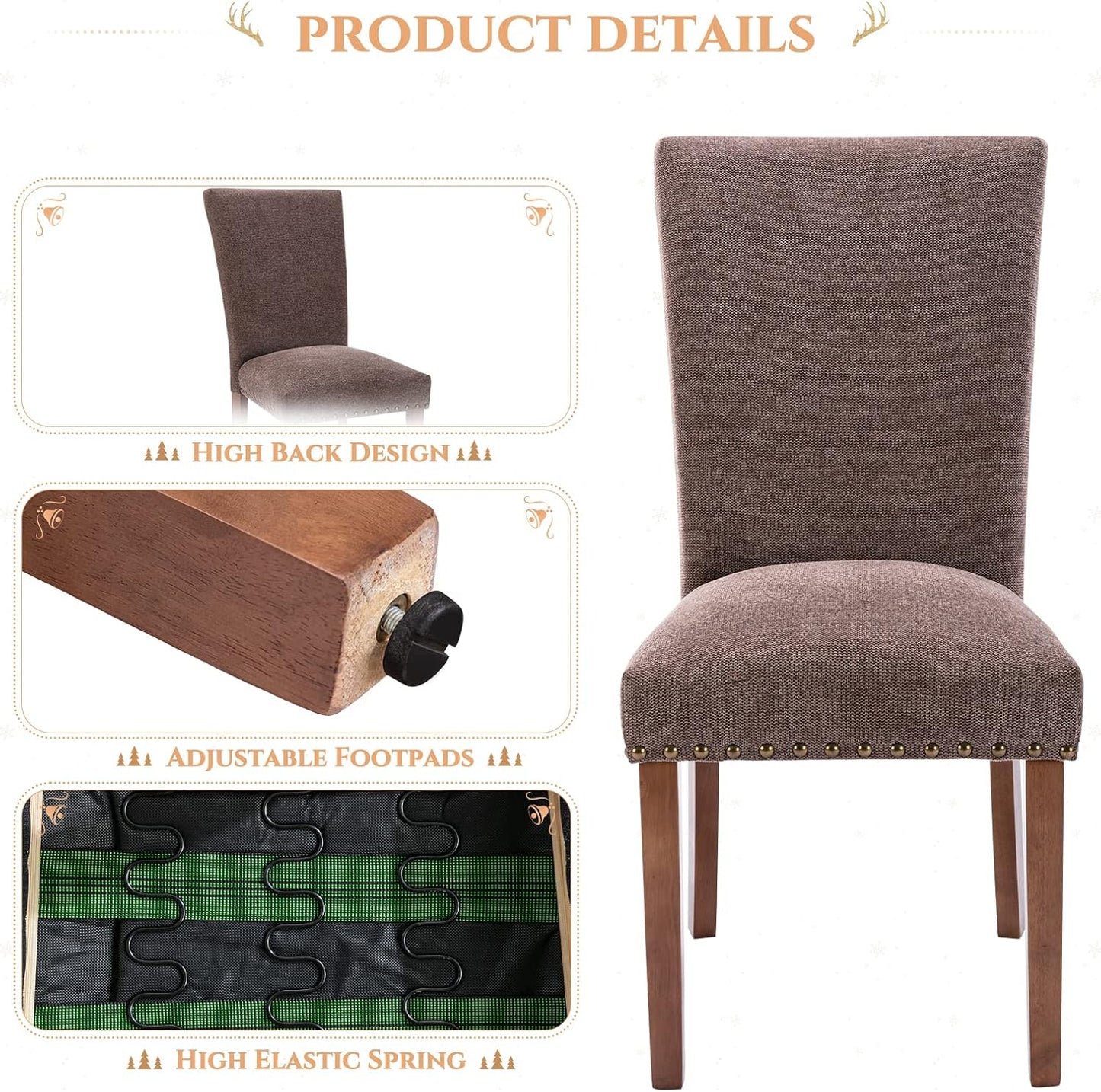 Parsons Dining Chairs Set of 6, Upholstered Nailhead Dining Room Kitchen Side Chair with Thick Cushions and Wood Legs, Brown