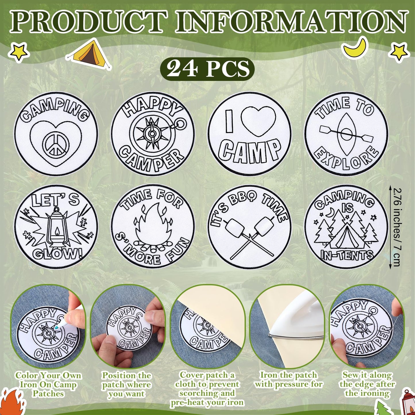 Lyrow 24 Pcs Camping Crafts Color Your Own Iron on Camp Patches Camping Coloring Iron on Embroidered Patches for Camp Party Activities DIY Clothes Hats Bags Backpack Sew Making