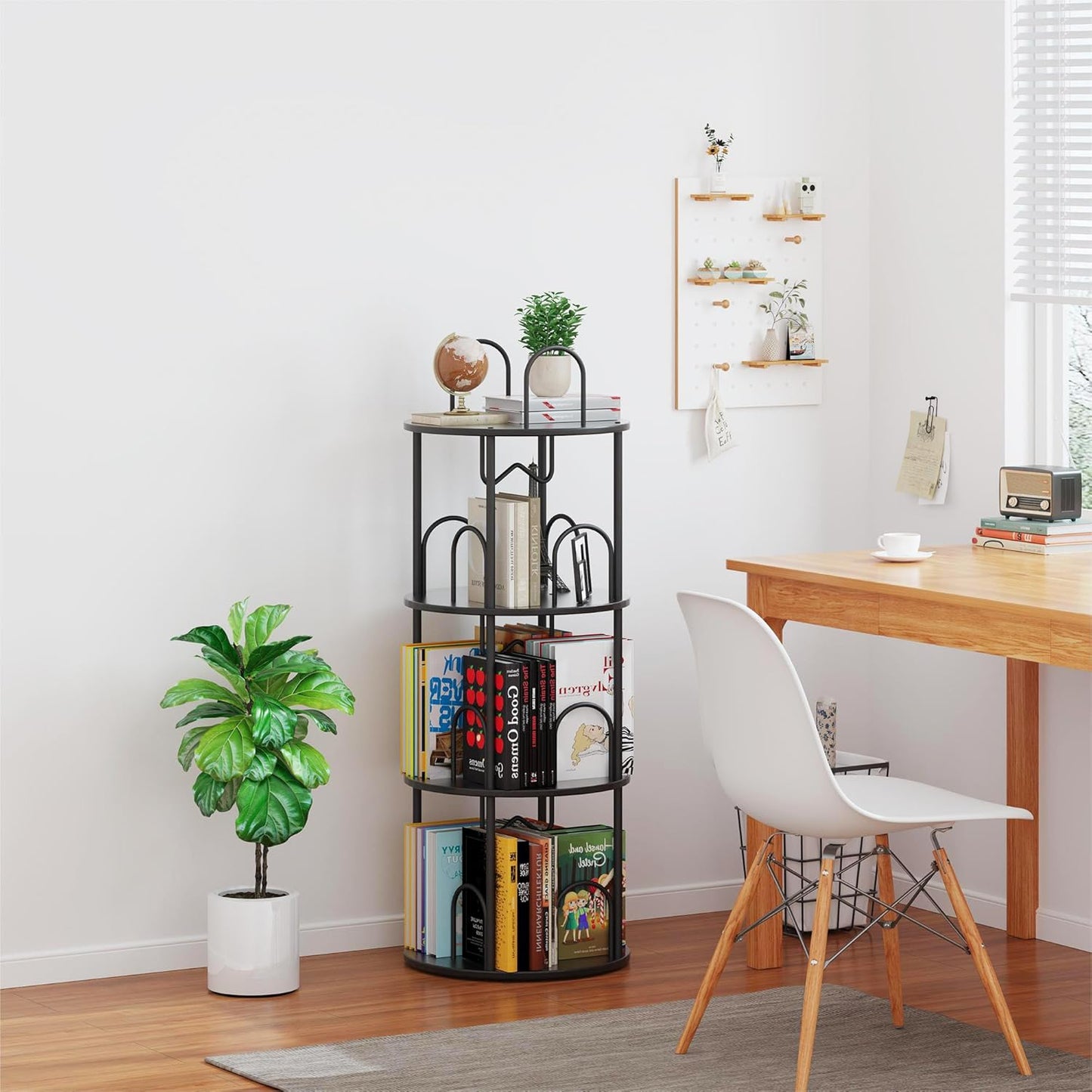 3 Tier Rotating Bookshelf, 360° Spinning Bookshelf Tower, Round Narrow Space Saving for Books and Display, Revolving Bookcase Corner Tall Book Shelf for Small Spaces, Bedroom, Living Room, Black+Black