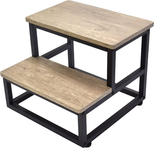 Step Stool, Wood and Metal Step for Adults Kids, Bedside Stepping Stool for High Bed with Round Corners, 2 Steps Foot Stool for Kitchen Bedroom, Load 500 LB, Beige