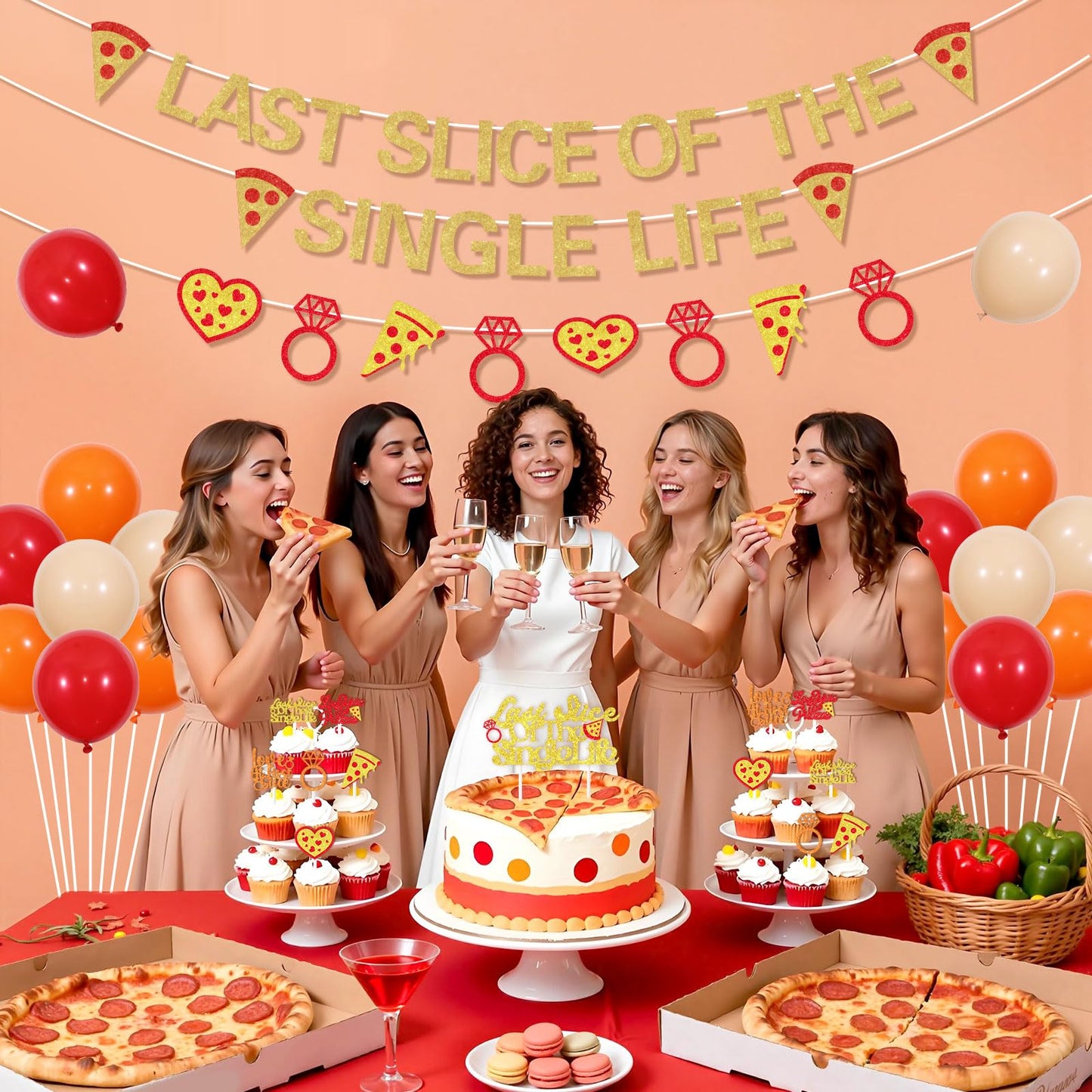 Pizza Bridal Shower Decorations Golden Glitter Last Slice of The Single Life Banner Cake Topper Italian Themed Garland Cupcake Toppers Latex Balloons Kit for Bridal Shower Bachelorette Party Supplies
