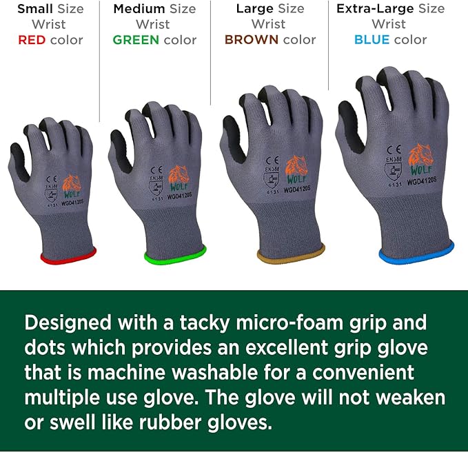 WOLF Ultra-Thin Nitrile Foam Palm Coated Glove with Tacky Dot Grip, Multi Purpose