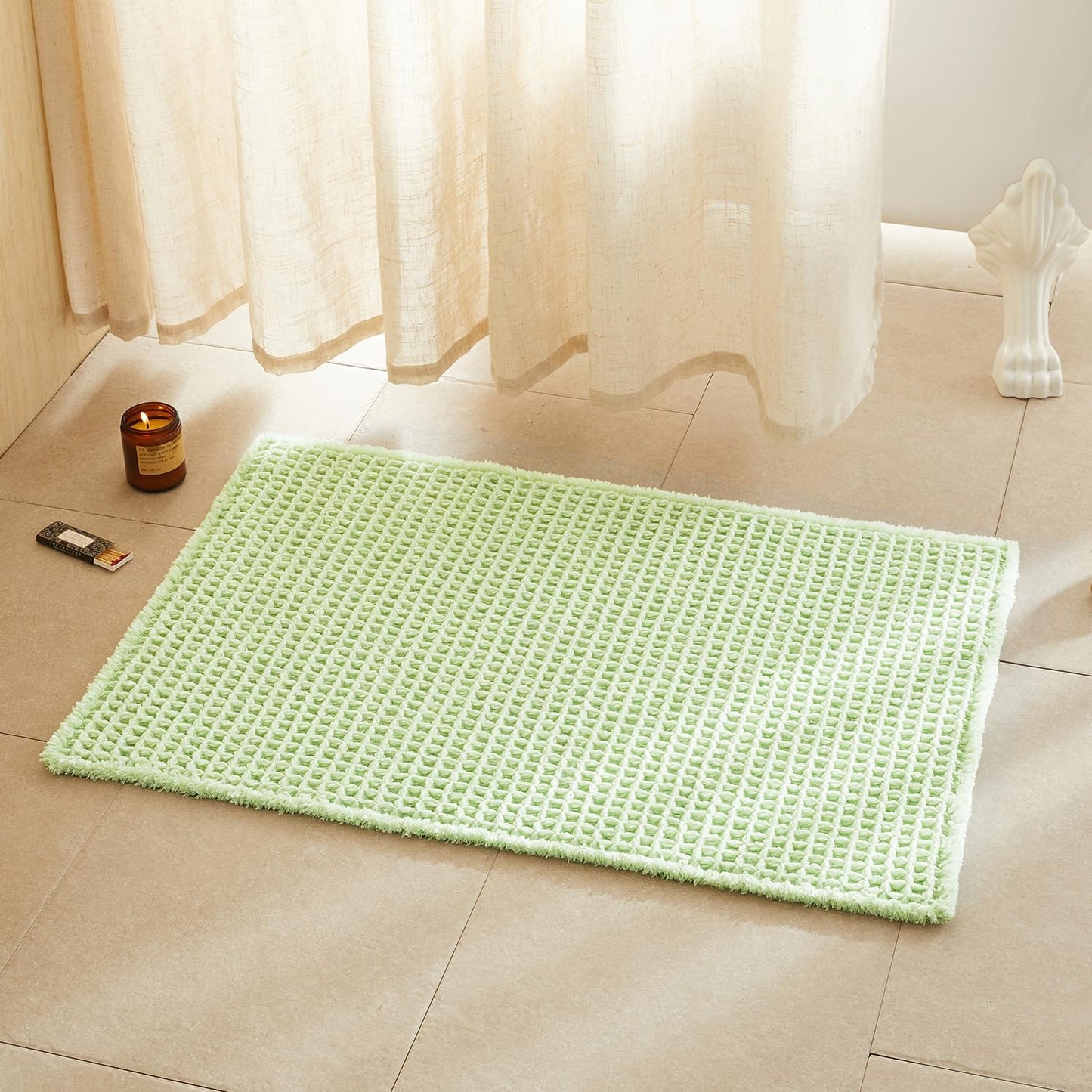 Waffle Bath Mat, Boho Bathroom Rugs Non Slip Washable Super Absorbent Quick Dry Cute Bath Mat Farmhouse Bathroom Decor, 36"x24" Pale Green