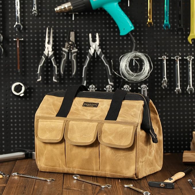 Tool Bag, 15-inch Heavy Duty Wide Mouth Water-Resistant Tool Bag, Tool Tote with Handle for Tools, Wrenches, Screwdrivers (15 X 7.8 X 11.5 inch) | Khaki