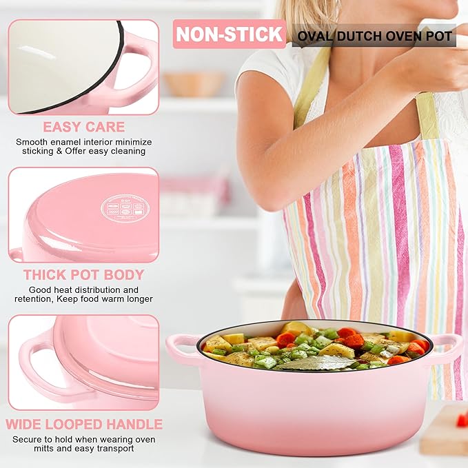 E-far 7QT Oval Dutch Oven Pot with Lid, Enameled Cast Iron Dutch Oven with Dual Handles, Heavy-Duty Cookware for Sourdough Bread Baking, Braising, Stews, Oven Safe & Easy Clean, Pink
