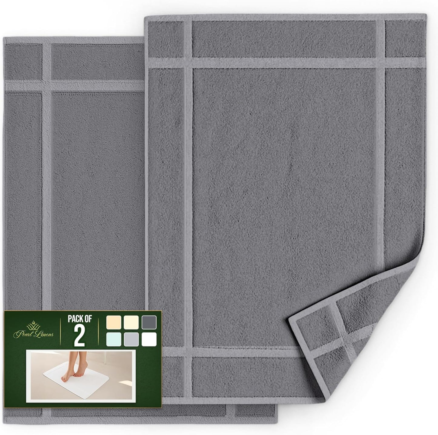 Pearl Linens Pack of 2 Washable Cotton Bath Mat 20x30 - Soft & Absorbent Quick Dry Bathroom Mat Set, Not Bathroom Rugs After Shower Mat, Terry Bath Tub Mat, 687 GSM Light Grey