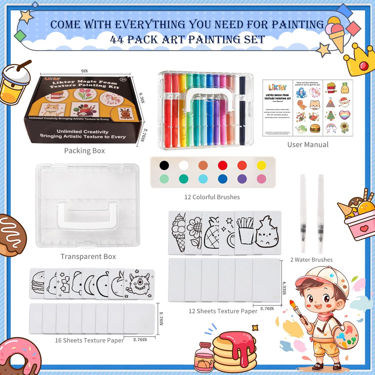 Liktoy 44Pcs Magic Foam Texture Painting Kit, 28Pcs Foam Texture Paper, 12 Colorful Brush, 2 Water Brushes, 3D Effect Texture Painting Set, Ideal for Halloween, Christmas, Birthday Gifts