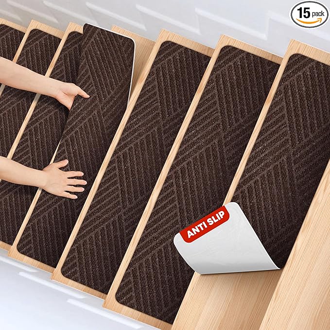 MBIGM 8 X 30inches, 15 in Pack, Non-Slip Carpet Stair Treads Non-Skid Safety Rug Slip Resistant Indoor Runner for Kids Elders and Pets with Reusable Adhesive, Brown Weave