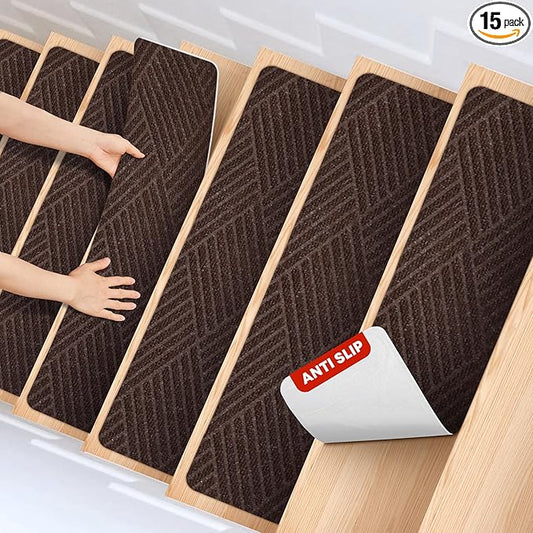 MBIGM 8 X 30inches, 15 in Pack, Non-Slip Carpet Stair Treads Non-Skid Safety Rug Slip Resistant Indoor Runner for Kids Elders and Pets with Reusable Adhesive, Brown Weave