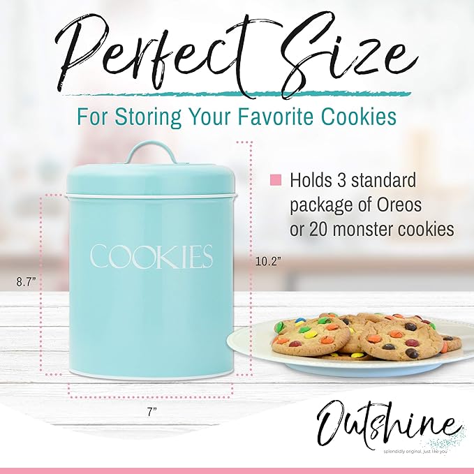 OUTSHINE Cookie Jars for Kitchen Counter | Farmhouse Mint Cookie Jar with Airtight Lids | Vintage Metal Cookie Container | Sweet Cookie Jar for Countertop