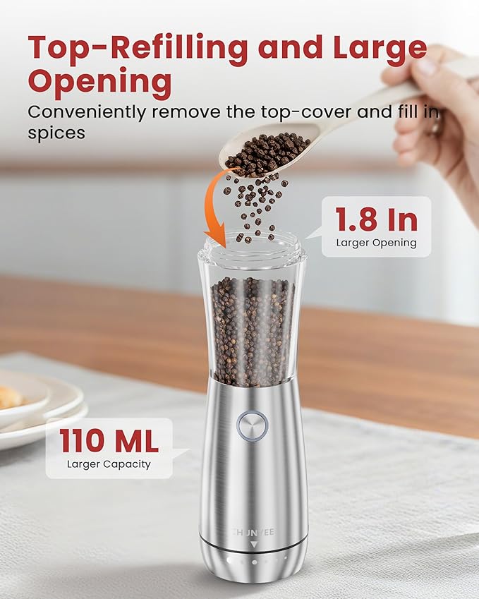 Electric Salt and Pepper Grinder Set - Automatic Stainless Steel Rechargeable Salt and Pepper Grinder Set with Storage Base, Large Capacity, LED Light & Adjustable Coarseness, Ideal Kitchen Gadget