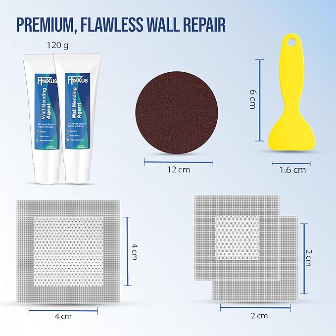 Drywall Repair Kit – 2 × 120g Fast-Dry Putty Tubes with 2×2″ & 4×4″ Wall Patch Mesh, Dual Scrapers & 2 P180 Sandpapers | Quick-Dry Spackle & Sheetrock Crack Filler for Wall, Ceiling & Plaster Repair