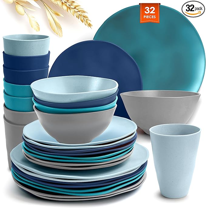 Teivio 32-Piece Kitchen Wheat Straw Dinnerware Sets for 8, Dinner Plates, Dessert Plate, Cereal Bowls,Cups, Unbreakable Plastic Colorful Apartment Outdoor RV Camping Dishes, Irregular Teal Ombre