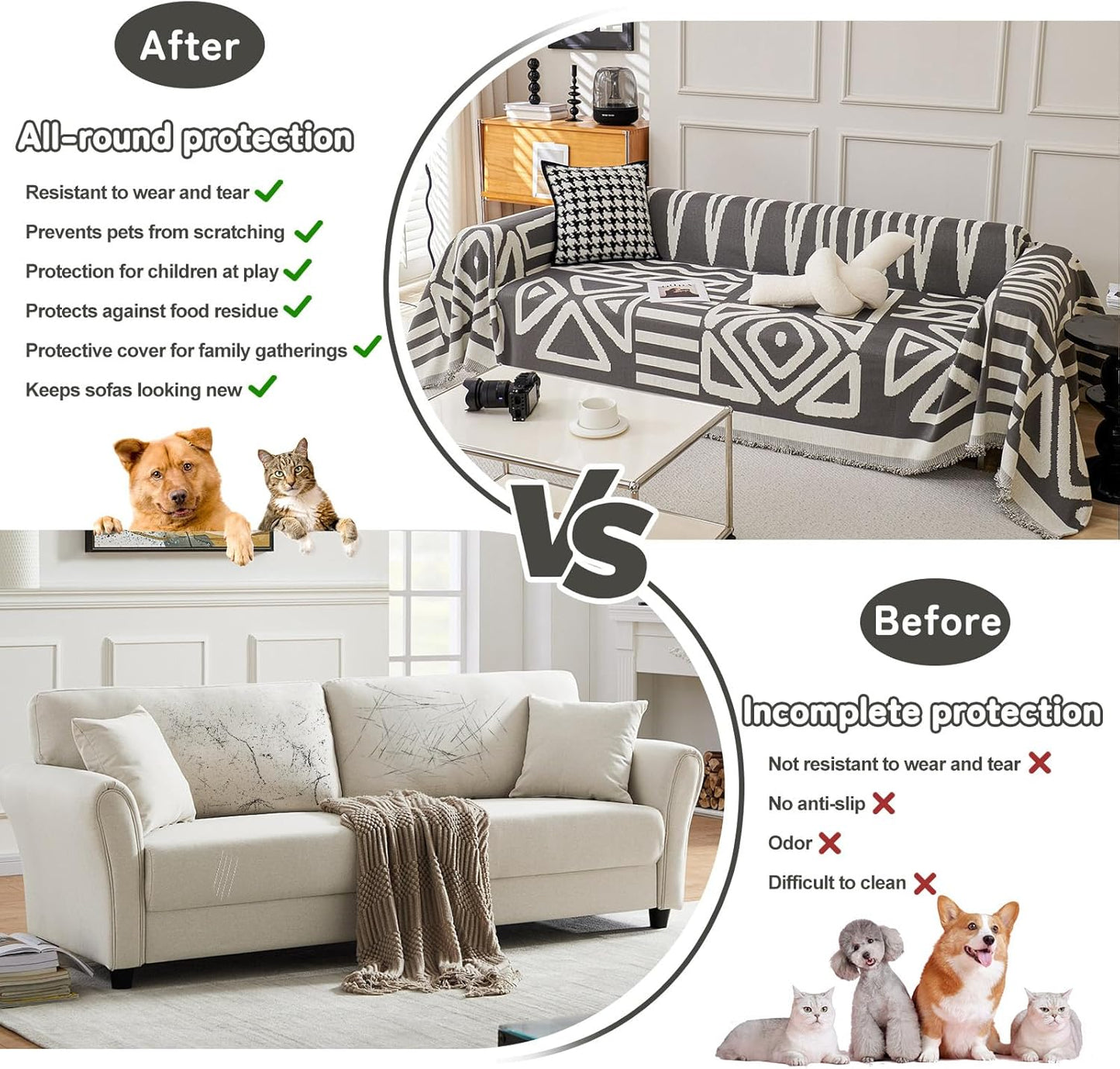 HANDONTIME Reversible Sofa Cover Boho Geometric Couch Cover for Dogs Dark Grey Couches Covers Washable Chenille Couch Covers for 3 Cushion Couch Pet Friendly Furniture Protector for Pets, 71" X71"