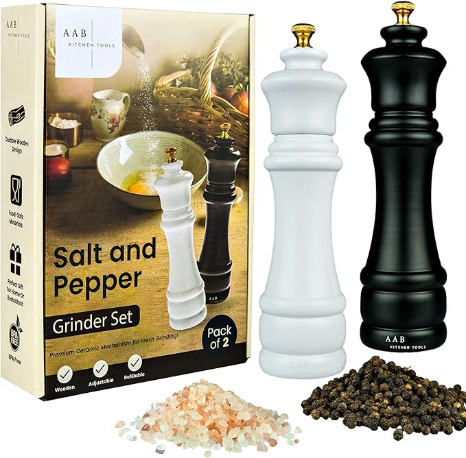 Wooden Black and White, Manual Refilable Large Salt And Pepper Grinder Set, Shaker with Adjustable Ceramic Grinding Mechanism for Customized Coarseness, 8 inches Large, Pack of 2