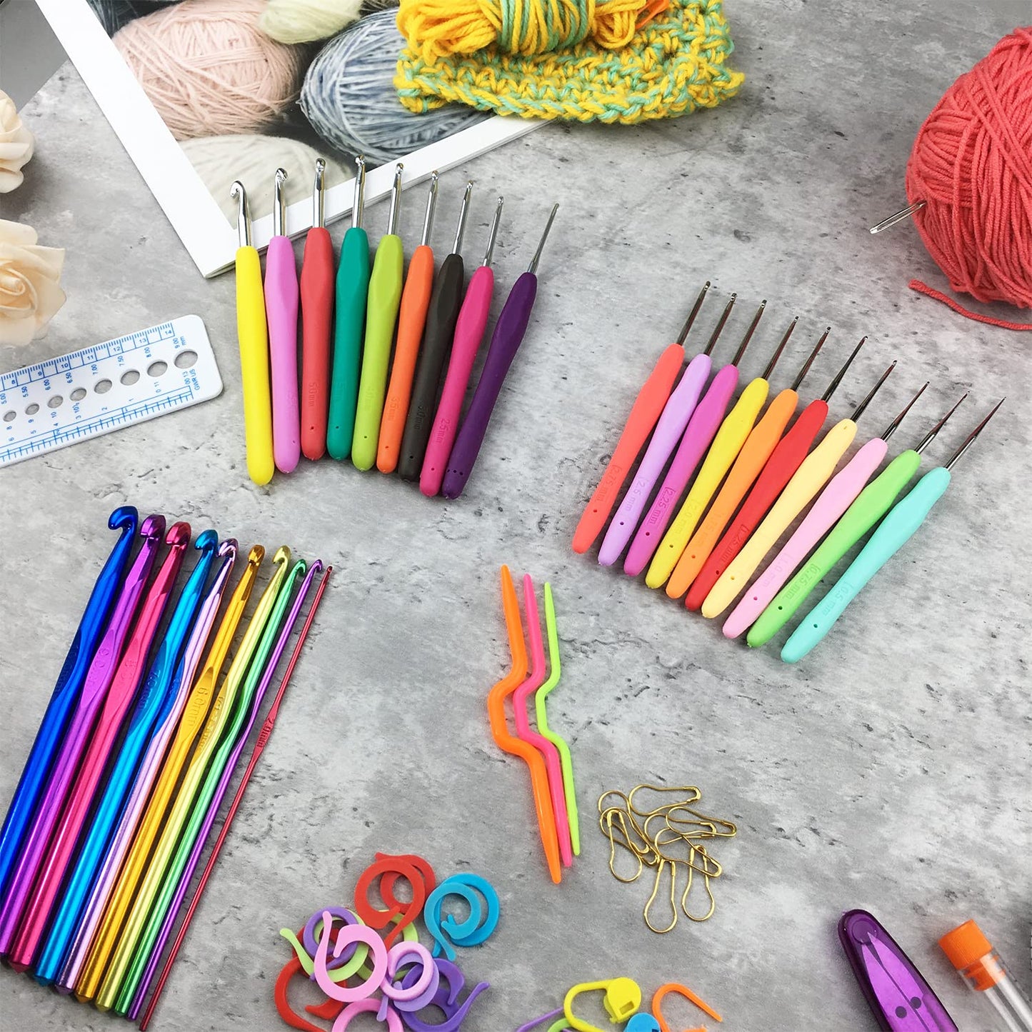 100pcs Crochet Hooks Set in Case Ergonomic Soft Grip Handles Weave Yarn Knitting Needles Kit and Crochet Needle Accessories Crochet Kit Complete Crochet Set for Beginners and Experiecced Crochet Lover