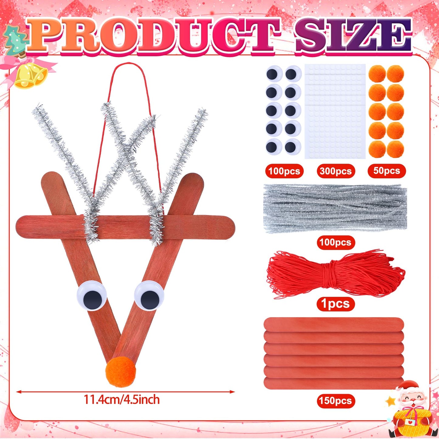 Soulchen 48 Sets Christmas Reindeer Ornaments Crafts Kits DIY Craft Sticks for Kids Make Your Own Reindeer Christmas Hanging Tree Wooden Ornaments Art for Holiday Activities Xmas Decoration