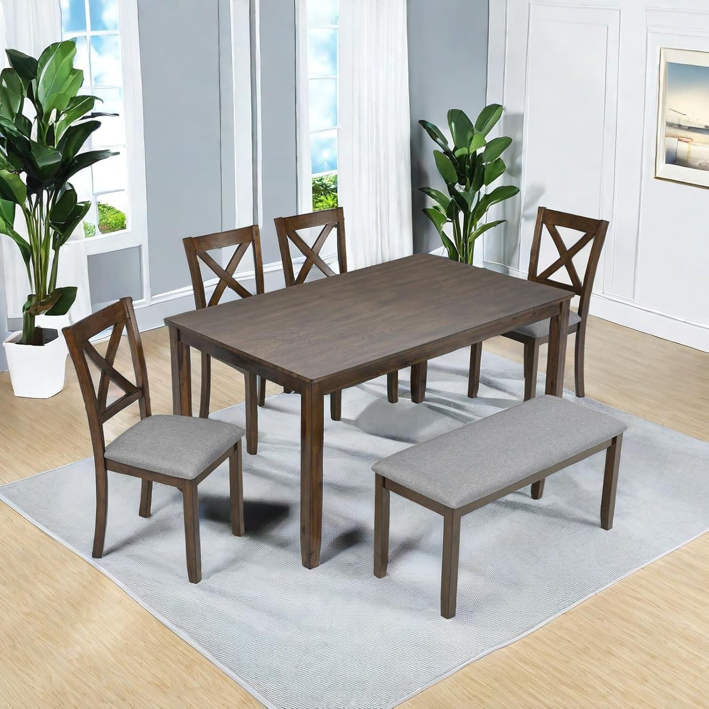 Dining Table Set, 6-Piece Modern Rectangular Dining Table & Chair Set with 4 Upholstered X-Shaped Backrest Chairs and a Bench, Walnut