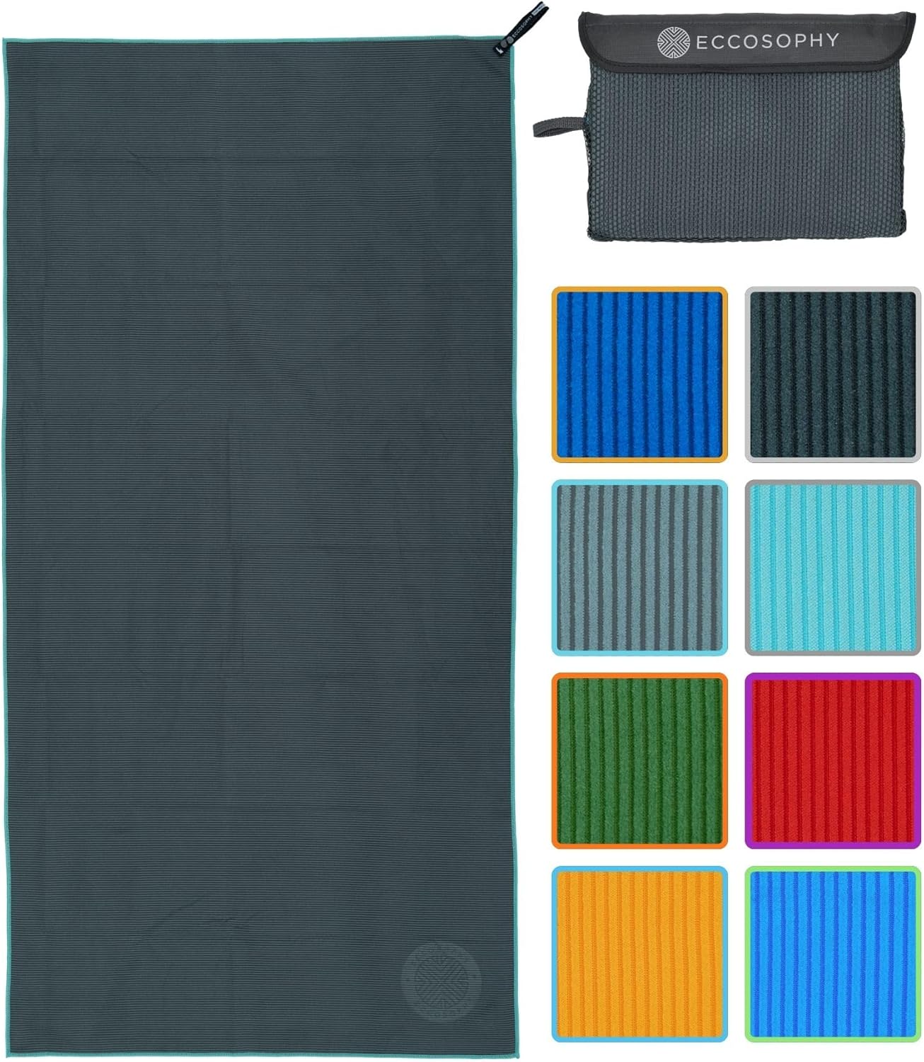 ECCOSOPHY Microfiber Beach Towel – Quick Dry Gym Towel, Highly Absorbent with Ribbed Texture, Lightweight – Ideal for Travel, Pool, Yoga, Fitness & Outdoor Adventures – 71x35 Charcoal