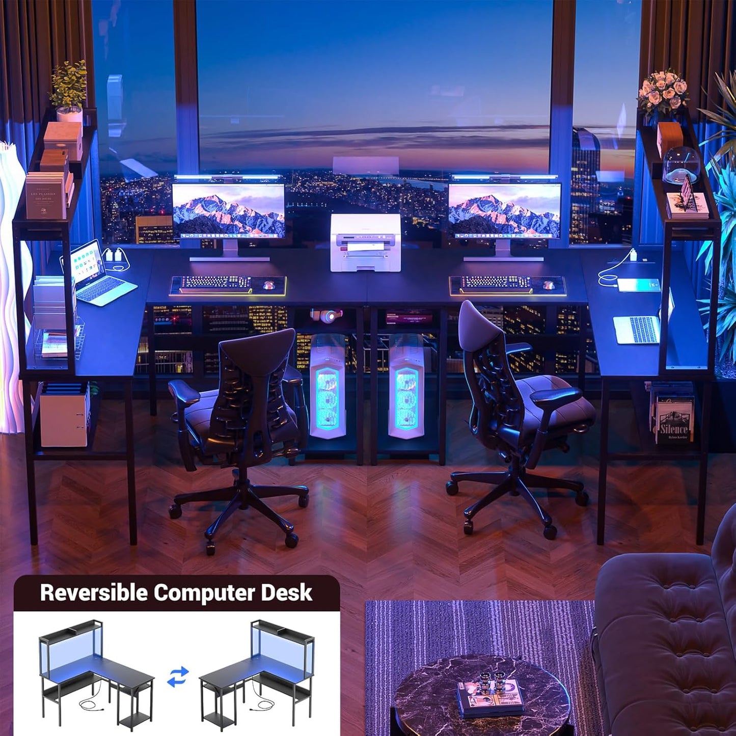 Unikito L Shaped Gaming Desk with LED Strip and Power Outlets, Reversible L-Shaped Computer Desk with Storage Shelves, Corner Desk with Hutch, 2 Person Home Office Desk, Black