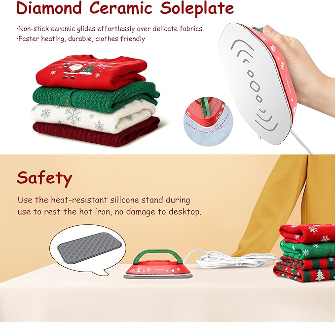 Newbealer Travel Iron with Global Voltage, Christmas Ready Gift, 100-240V Mini Dry Iron (No Steam), Max 300W, 60s Heat to 302℉, 0.8lbs, Festive Hard Case Included, Xmas Special Edition (Red)