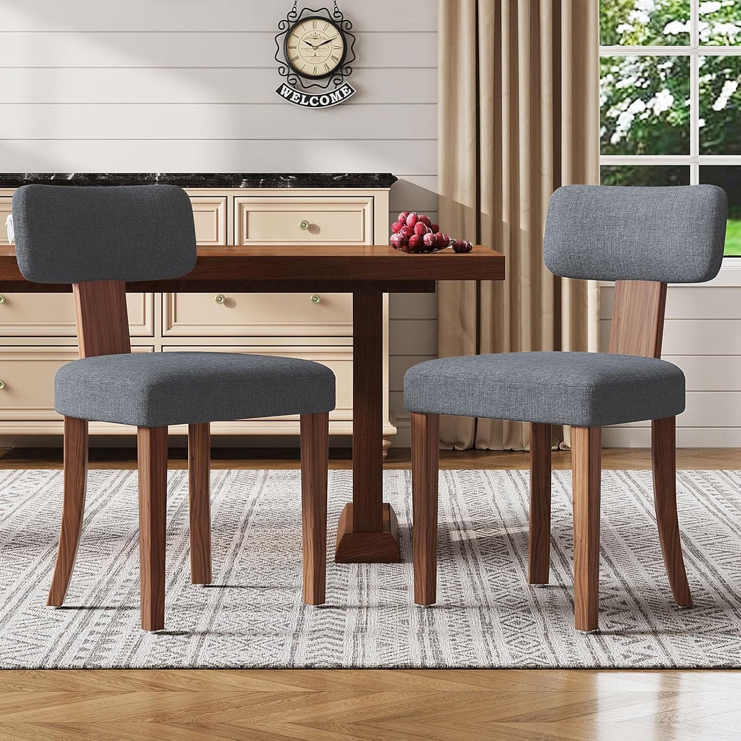 Mid Century Modern Dining Chairs Set of 2, Linen Upholstered Kitchen Chairs with Curved Backrest & Adjustable Legs for Living Room/Bedroom/Lounge, Easy to Install, Grey Linen