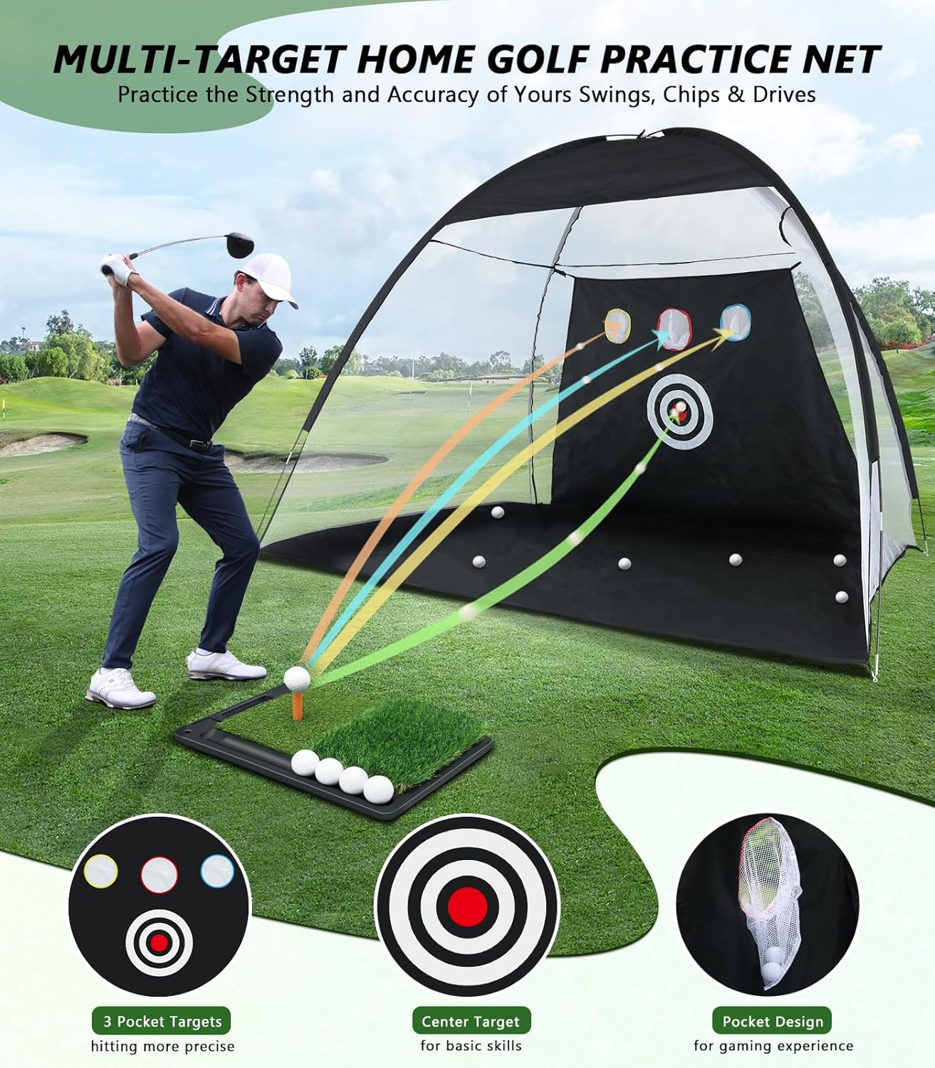 Golf Net, 10 x 7FT Golf Practice Nets for Backyard Driving Hitting Swing Chipping Training with Hitting Mat for Indoor & Outdoor, Gifts for Men Dad Husband Golfers Him