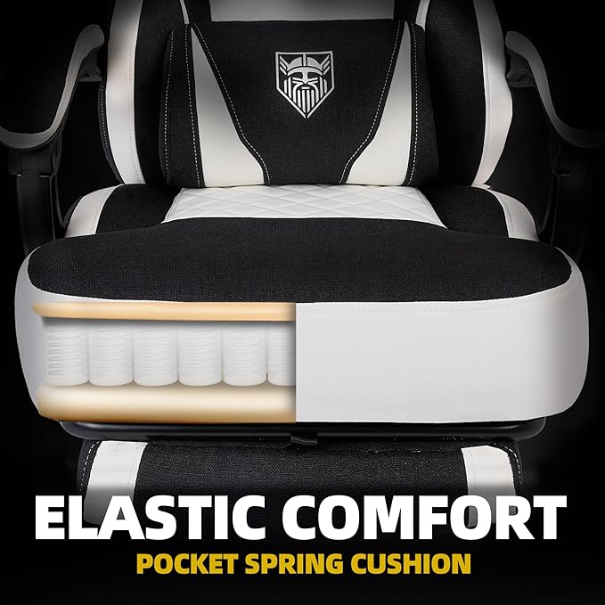 Vonesse Gaming Chair, Reclining Fabric Gaming Chairs for Adults 250LBS, Office Chair with Pocket Spring Cushion, Computer Chair with Footrest and Massage Lumbar Support (White/Black)