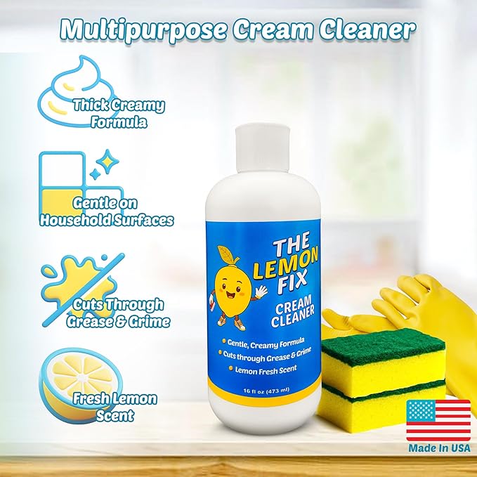 The Lemon Fix Cream Cleaner, Bathroom Cleaner and Multipurpose Cleaning Supplies for Kitchen, Tile, Oven, Shower, Floors, Cuts Grease and Grime, Gentle Formula, Made in USA, Lemon, 16oz, 2 Pack
