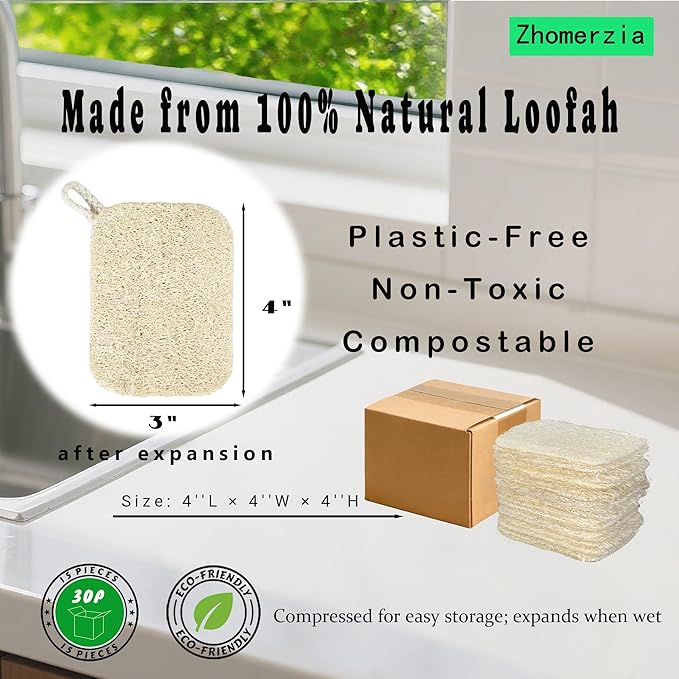 Natural Loofah Dish Sponge,Compostable, Kitchen Sponge,All-Purpose,Non-Toxic,Plant-Based,Eco-Friendly (Pack of 30)