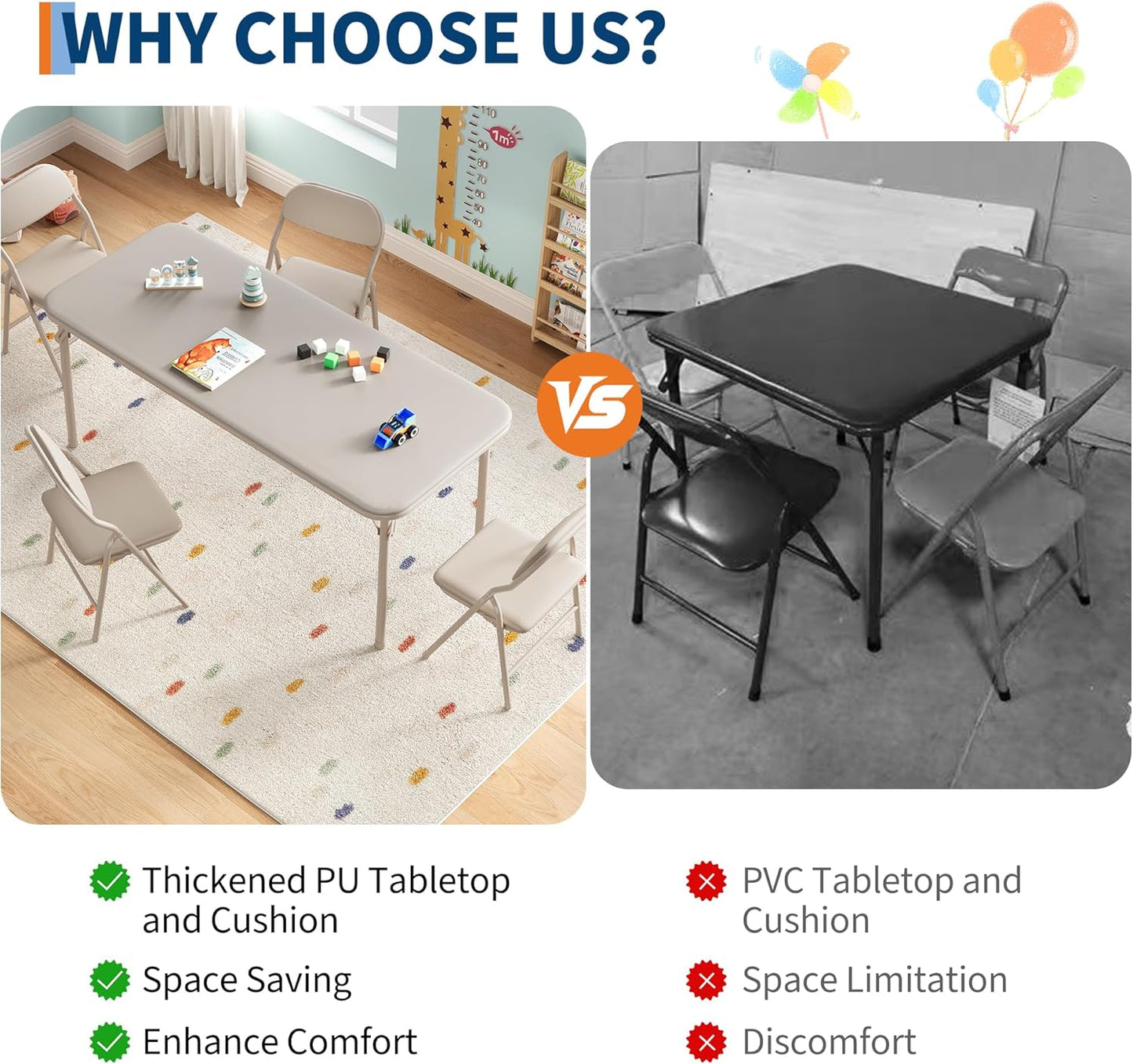 GarveeHome 5-Piece Kids Folding Table and Chairs Set, Toddlers Children's Activity Table and Chairs Set for Dining Room,Daycare,Classrooms