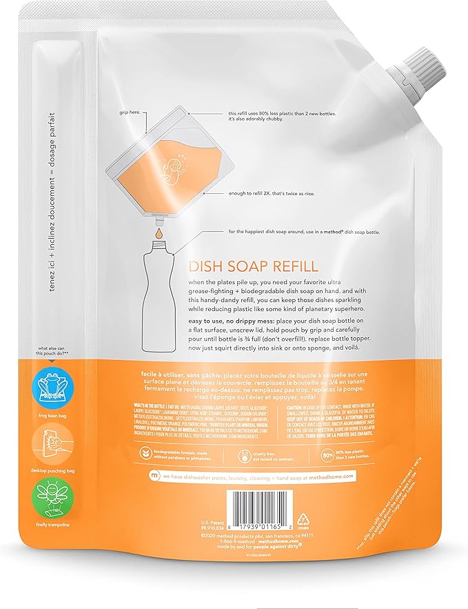 Method Gel Dish Soap Refill, Clementine, Tough on Grease, 36 Fl Oz (Pack of 6)