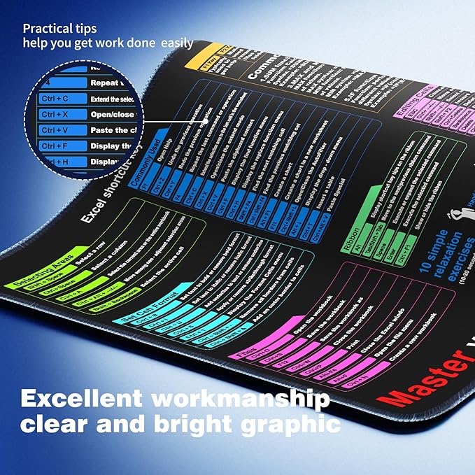 Excel Cheat Sheet Desk pad—Contains 12 Types of Common Skills in Excel and Word|Large XL Size（31.5 * 11.8 inch）|Desk mat for Keyboard and Mouse|Work、Study、Gaming Mouse pad|Waterproof、Anti-Slip