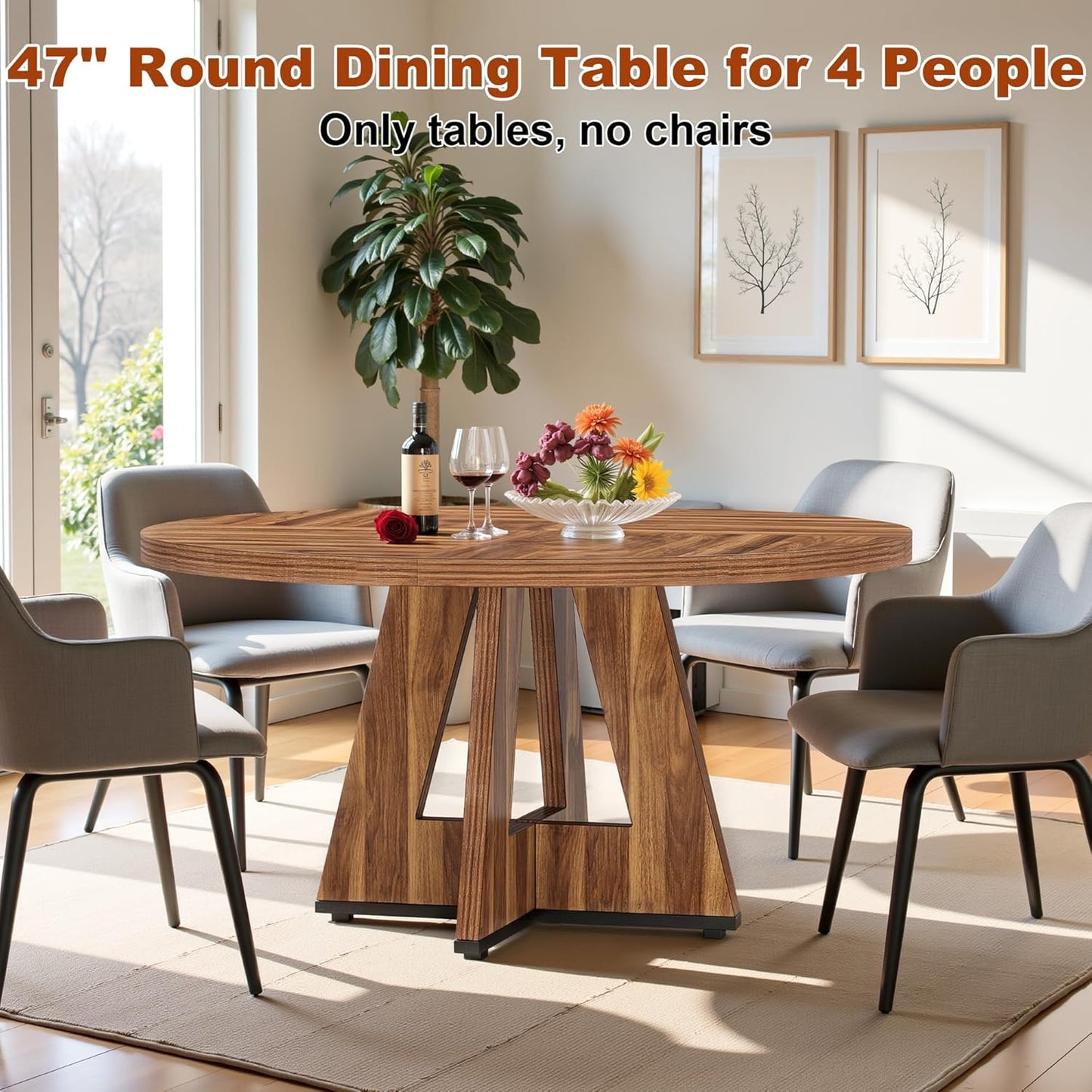 Round Dining Table for 4, 47 Inch Dinner Table Farmhouse Wooden Circle Kitchen Tables with Cross Base for Dining Room, Kitchen, Living Room, Vintage Brown