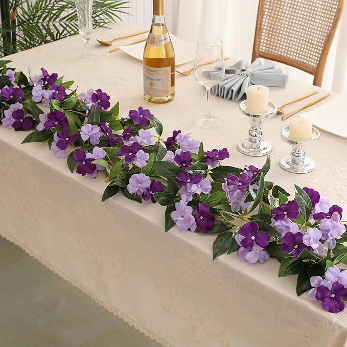 Floweroyal 2 Pack Artificial Flower Garlands 15.8FT Fake Impatiens Vines Silk Flowers Hanging Impatien Ivy for Wedding Arch Party Home Garden Wall Decor (Purple)