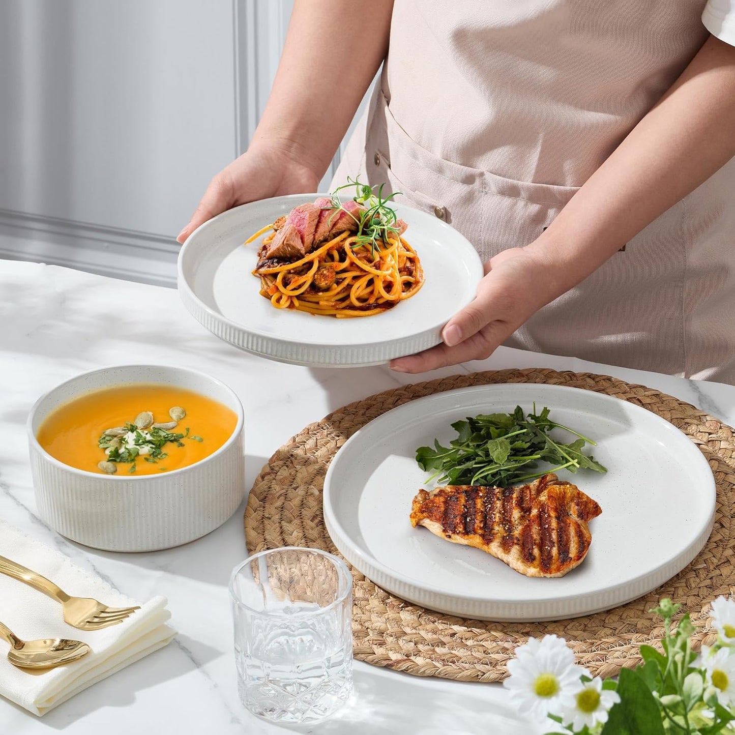 E-far 24-Piece Stoneware Dinnerware Sets, Plates and Bowls Sets for 8, Kitchen Modern Dinning Porcelain Dishes Set, Chip & Scratch Resistant, Dishwasher & Microwave Safe, Speckled White