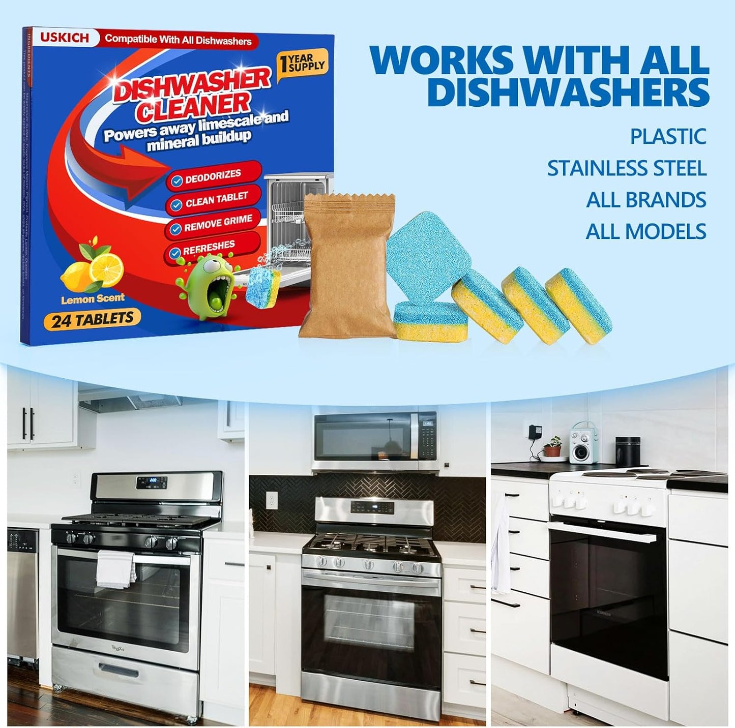 Dishwasher Cleaner And Deodorizer Tablets 24 Pack,Deep Cleaning Descaler Pods for Dish Washer,Lemon Scented Dish Washer Machine Tablets for Limescale,Mineral Buildup, Odor,Septic Safe- 1 Year Supply