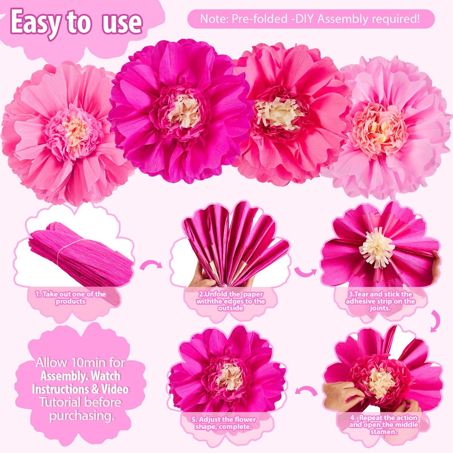 SUNBEAUTY 20" Giant Pink Paper Flowers 4 PCS Large Crepe Tissue Paper Flowers Pink Party Decorations for Girl Women Birthday Spring Garden Wedding Flower Backdrop Wall Bridal Shower Nursery