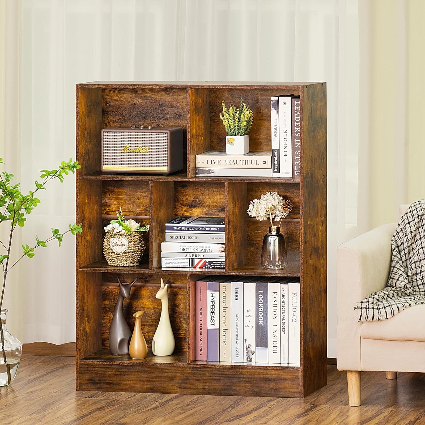 LEYAOYAO 7 Cube Bookshelf with Base,3 Tier Mid-Century Modern Brown Bookcase,Standing Wide Bookshelves Storage Organizer Shelf,Rustic Wood Display Cabinet Book Shelves for Bedroom,Living Room,Office