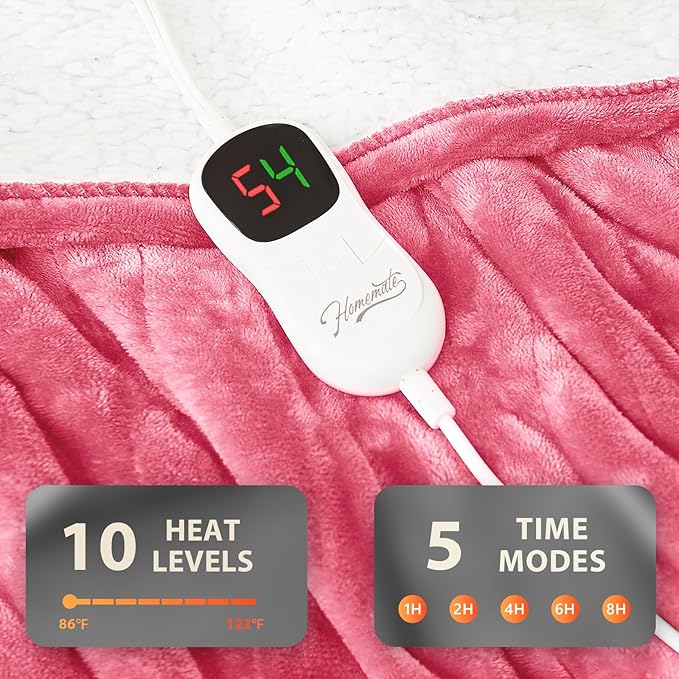 Homemate Electric Heated Blanket Full - 72"x84" Heating Bed Blankets Throw with 10 Heating Levels 8 Hours Auto Off Fast Heating Over-Heated Protection Ultra Soft Warm Flannel ETL Certified