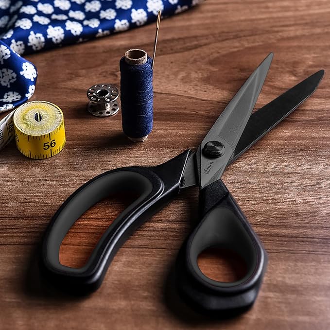 LIVINGO 9.5” Sharp Fabric Scissors, All Purpose Heavy Duty Titanium Coated Premium Forged Stainless Steel Tailor Dressmaking Sewing Shears Comfort for Cutting Leather, Crafting Home Office Use, Black