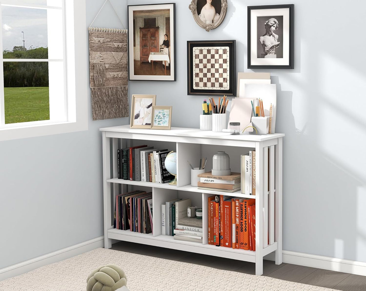 TaoHFE Horizontal Bookshelf - Modern Minimalist 2-Tier Book Shelf with Storage, Short Wide Wood Bookshelf for Classroom, Office, Living Room or Study, White