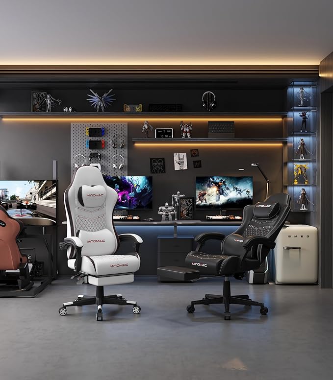Gaming Chair,Ergonomic Computer Gaming Chair,400lb Load-Bearing,Retractable Footrest/Waist Support/Ergonomic Backrest[Spring + 4D Sponge] (White)
