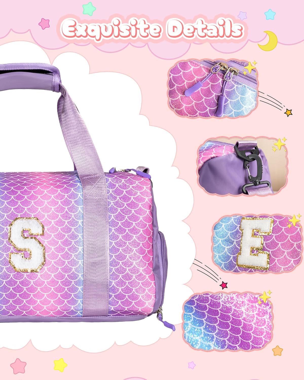 Birthday Gifts for 4 5 6 7 8 9 10 11 12 13 Year Old Girls-Girl Gym Bag with Shoe Compartment, Kid Weekender Dance Bags,Travel Tote with Makeup Pouch, Preppy Things for Kids (Letter E)