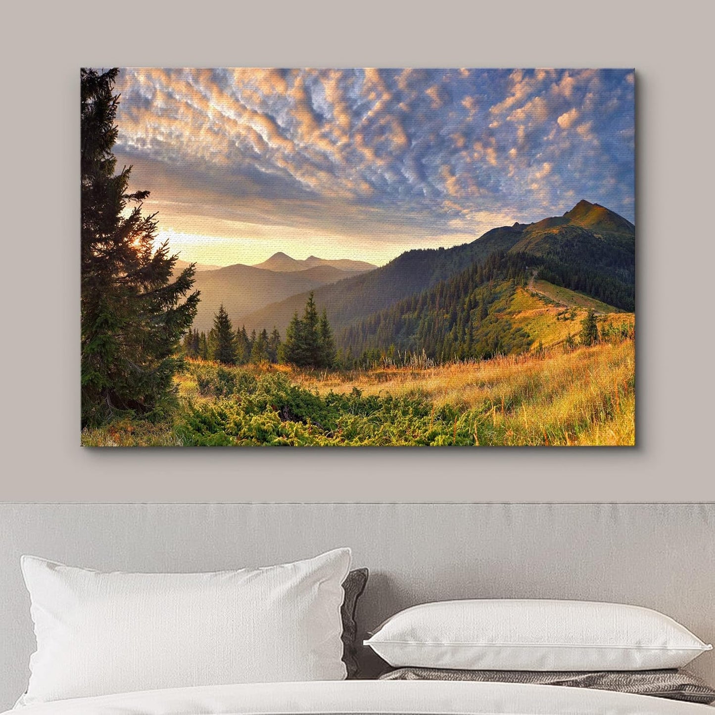 wall26 Canvas Print Wall Art Sunset Over The Golden Mountain Forest Landscape Nature Wilderness Photography Realism Rustic Scenic Colorful Green Ultra for Living Room, Bedroom, Office - 24"x36"